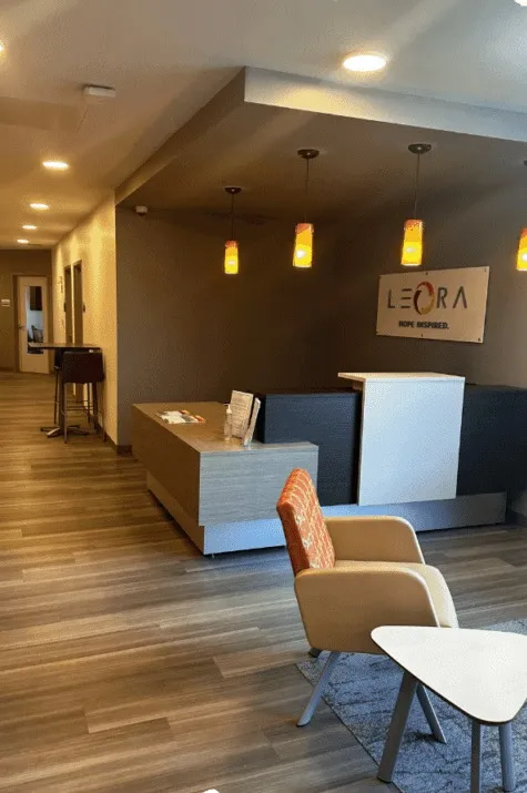 The reception desk and waiting area at a Leora facility